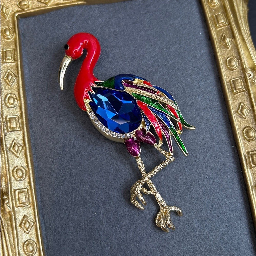Huge Flamingo Red and Blue Statement Brooch